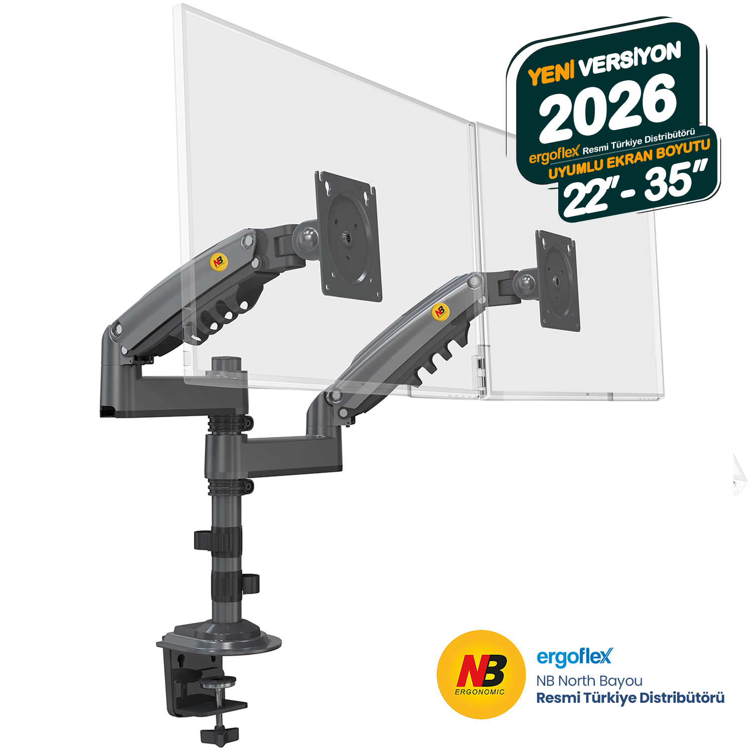NB Ergonomic NB  H180 OUTLET Gri 22-35 Çift Kol Amortisörlü 2-9 kg Monitör Standı 2026 Versiyon